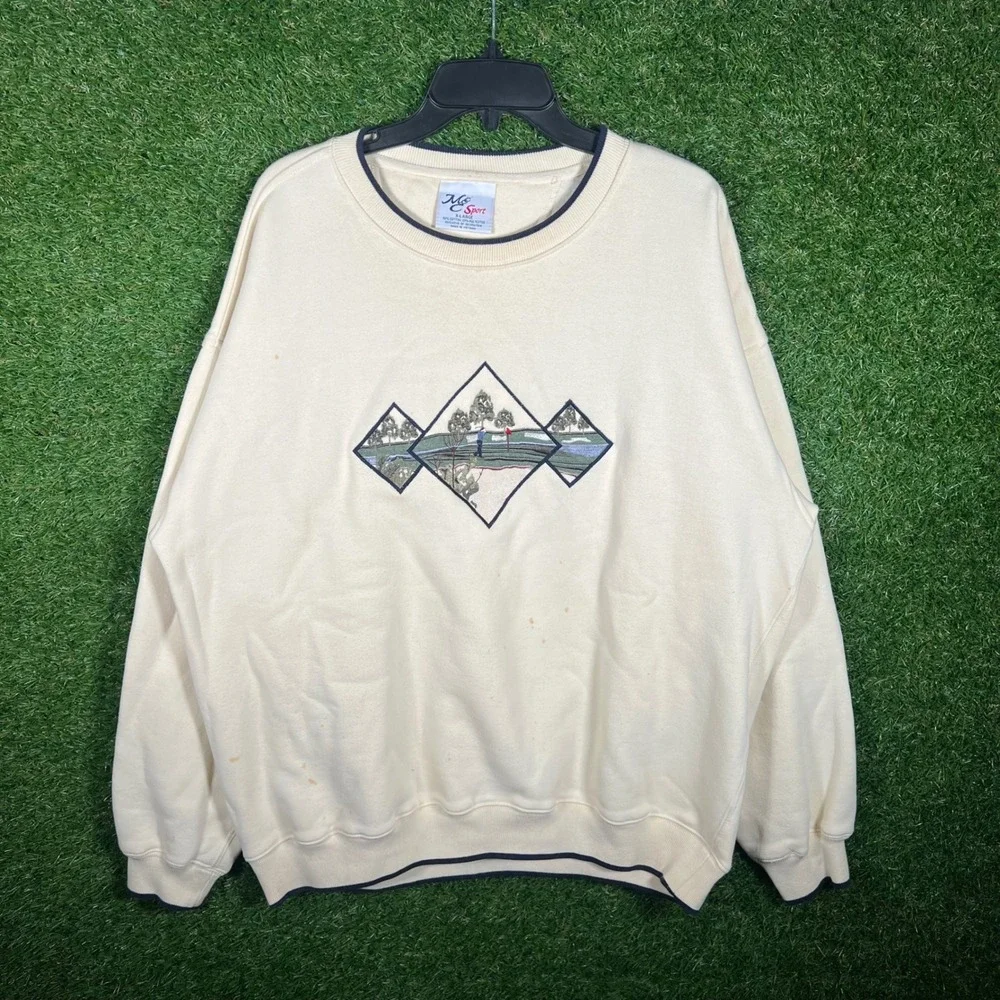 Vintage M&C Sport Golf Embroidered Sweatshirt Cream Navy XL 90s - Picture 1 of 6